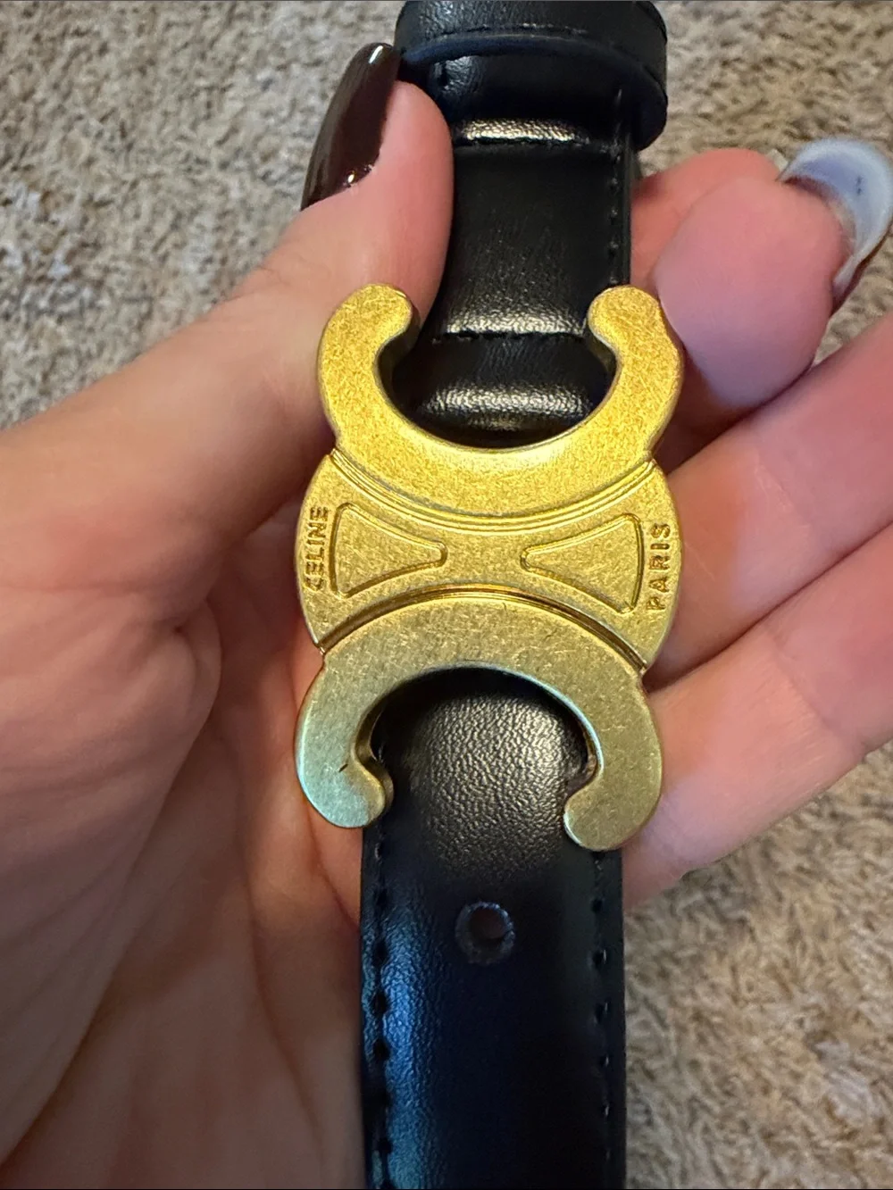 Celine Black Leather Belt with Gold Double C Buckle